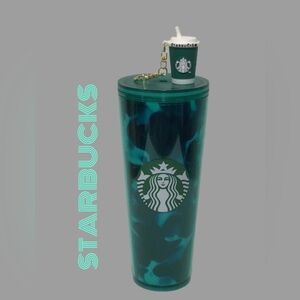 STARBUCKS Blue & Teal Smoky 24 oz. Tumbler, Screw Top, 2020 & Key Chain